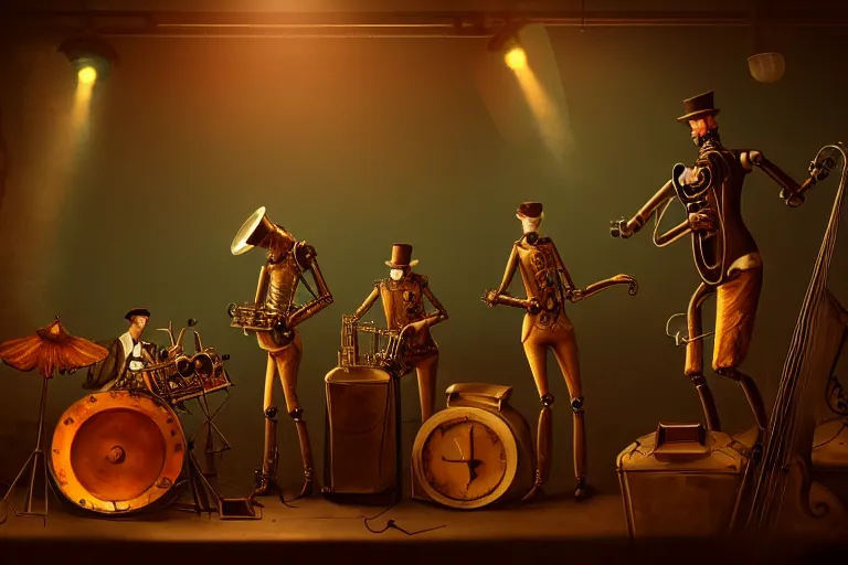 Image similar to 3 steampunk robot jazz musicians playing at a night club, focus on the musicians, cinematic lighting, exaggerated detailed, unreal engine, octane render, trending on artstation, art by greg rutkowski, 4 k