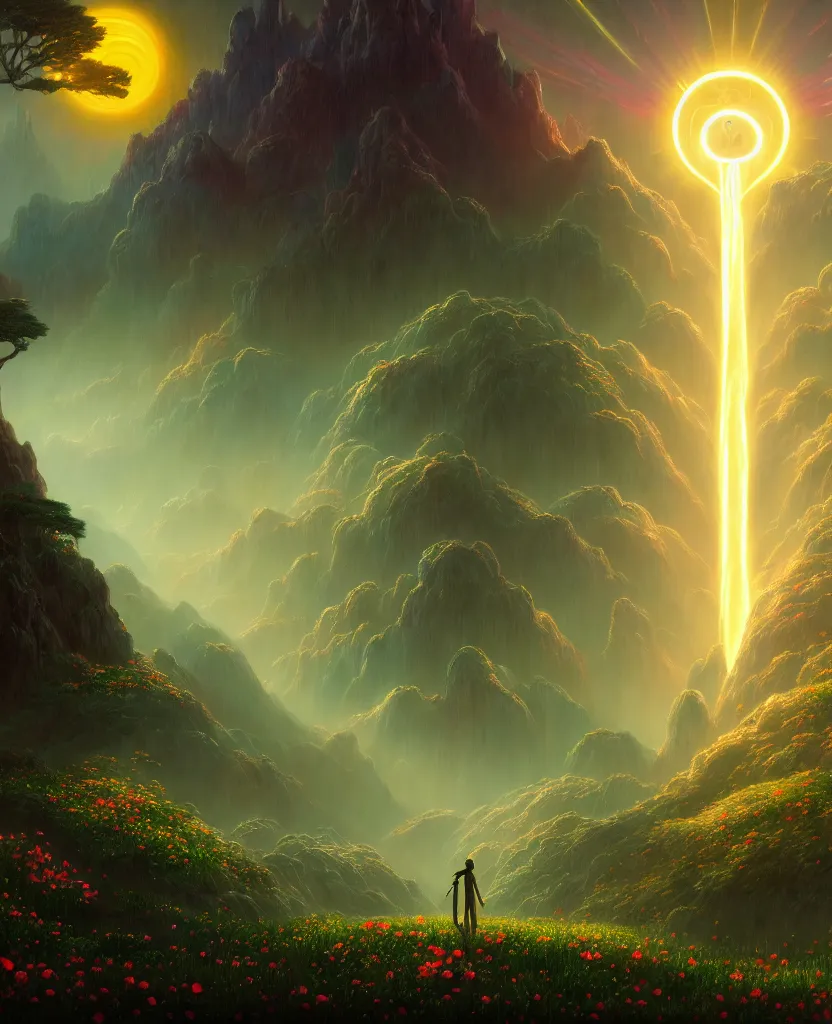 Image similar to spiritual evolution by albert bierstadt, anime cgsociety flowers nature bio shock at dawn at dusk meadow tron matte painting studio ghibli alien futuristic cosmic poppy wilderness fantasy liberty city bladerunner 2 0 4 9 fisheye azeroth, archdaily, wallpaper, highly detailed, trending on artstation.