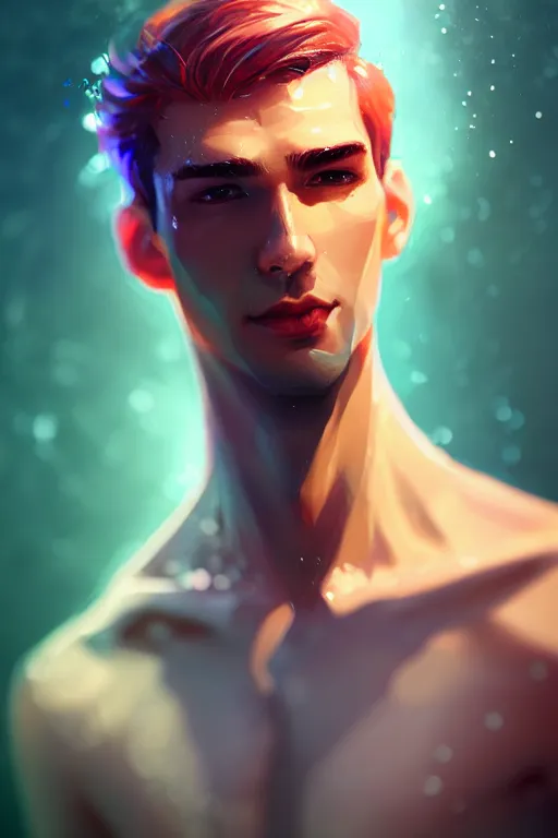 Image similar to character design, a slender, fair - skinned, elegantly dressed man with watery eyes, blurred environment background, colorful magic effects, white skin, portrait, male, clothed, sharp focus, digital art, concept art, trending on artstation, dynamic lighting, by emylie boivin and rossdraws