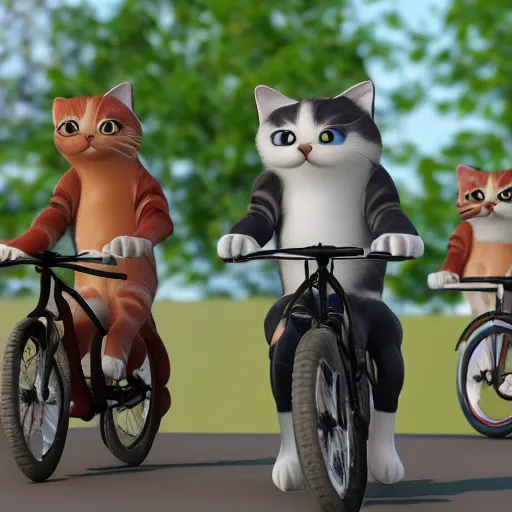 Prompt: cats riding bikes, realistic details, 8k