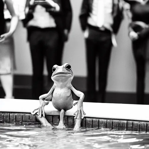 Image similar to a frog in a suit is in a pool, he is cheering and very happy, black-and-white, 50mm