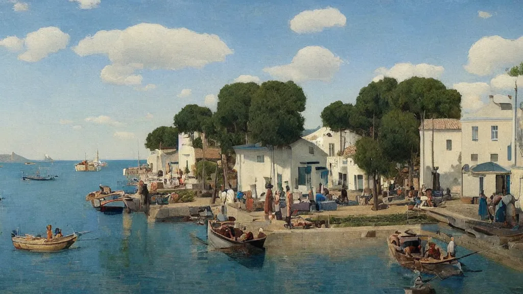 Prompt: a beautiful extremely complex painting of a mediterranean fishing village in summer by peter ilsted, whitewashed housed, tall cypress trees, blue shutters on windows, people walking down a street, fishing boats in the water, beautiful blue water, national gallery of art highlights