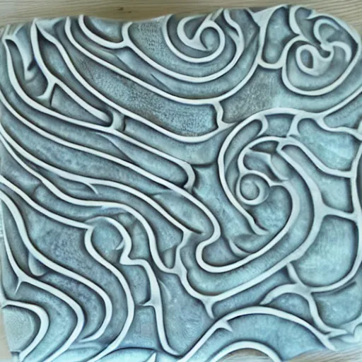 Image similar to thin lines, fractals, lichen macro, serpentine twisty maze, carved soapstone relief paneling white and pale blue