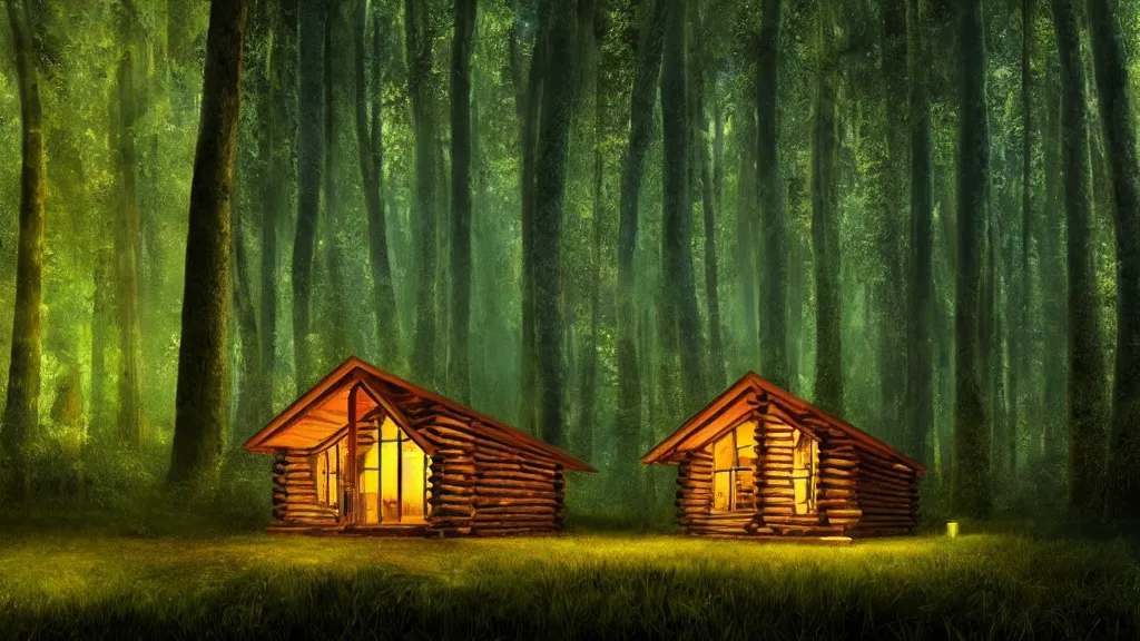 Prompt: portrait of an ethereal log cabin made of golden blue and green light, evergreen forest, divine, cyberspace, mysterious, dark high-contrast concept art