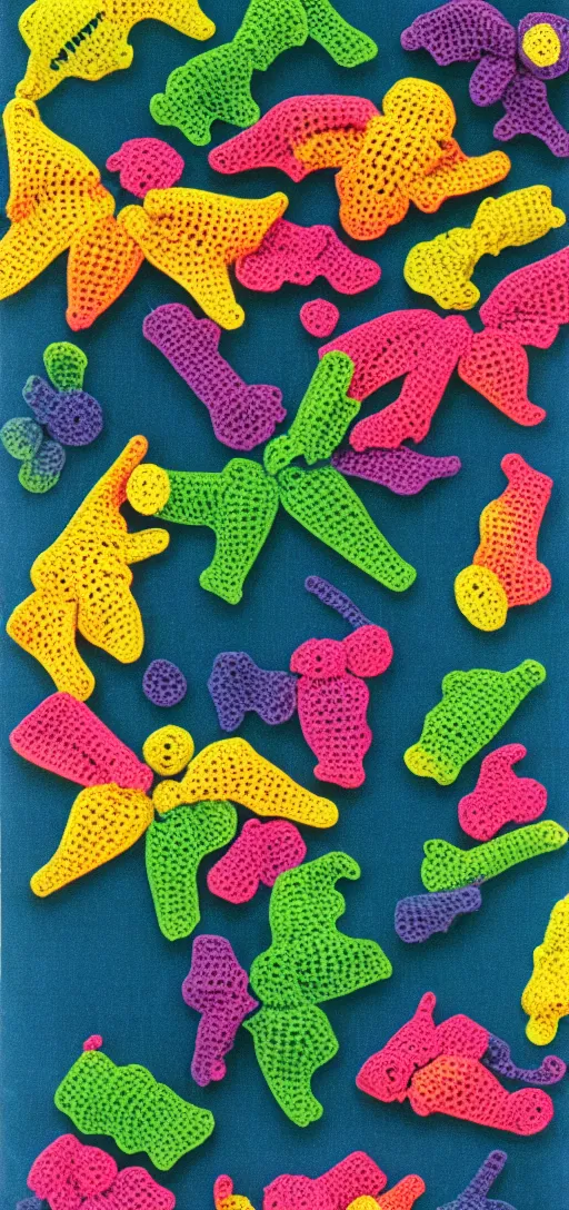 Prompt: multicolored crocheted bats, 1 9 8 0 s catalogue photography