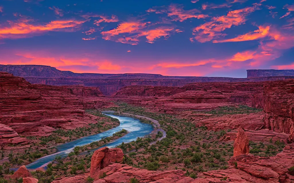 Image similar to “a river bend running through a canyon surrounded by desert mountains at sunset, moab, utah, a tilt shift photo by Frederic Church, trending on unsplash, hudson river school, photo taken with provia, national geographic photo”