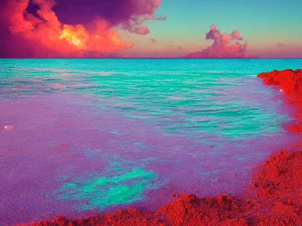 Image similar to purple nuclear bomb explosion, red sand beach, green ocean, nebula sunset
