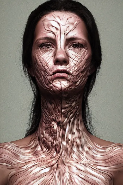 Image similar to portrait of a beautiful woman with reaction diffusion skin. high detail, by jarold Sng