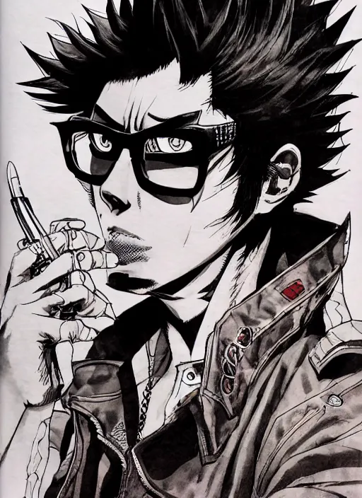 Image similar to travis touchdown, by takehiko inoue and kim jung gi and hiroya oku, masterpiece ink illustration