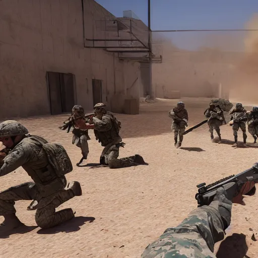 Image similar to Photo of a US Army platoon fighting terrorists on the Dust 2 real-life map, very high quality, hyper realistic 4k