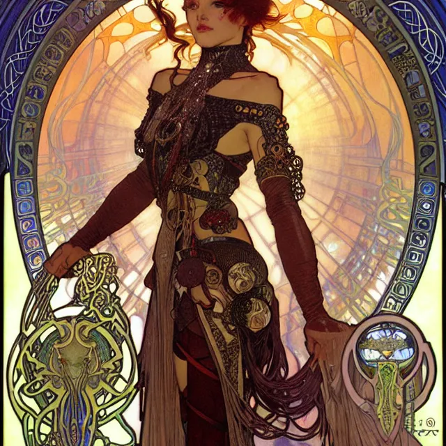 Prompt: realistic detailed face portrait of a beautiful futuristic celtic priestess in opulent alien ritual armor by alphonse mucha, ayami kojima, amano, greg hildebrandt, and mark brooks, female, feminine, art nouveau, cyberpunk, neo - gothic, gothic, character concept design