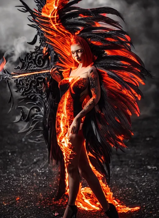 Prompt: sexy fire goddess, sensual painting, seductive look, large black feather wings, very long red hair, dark green smokey eyeshadow, massive fire and smoke surrounding her, lightpainting across the background, realistic, beautiful, dystopian, phoenix, intricate black obsidian, dragon, burning halo, intricate, cinematic, hyper realism, high detail, octane render, unreal engine, 8k, Smooth gradients, High contrast, depth of field, aperture f1.2, background is shiny black cave rocky, sunset halo behind her head, D&D, fantasy, highly detailed, digital painting, artstation, concept art, sharp focus, illustration, art by artgerm and greg rutkowski and alphonse mucha, WLOP, 8k render, detailed