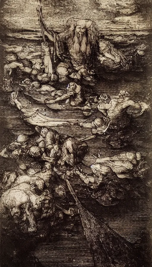 Image similar to man on boat crossing a body of water in hell with creatures in the water, sea of souls, by leonardo da vinci