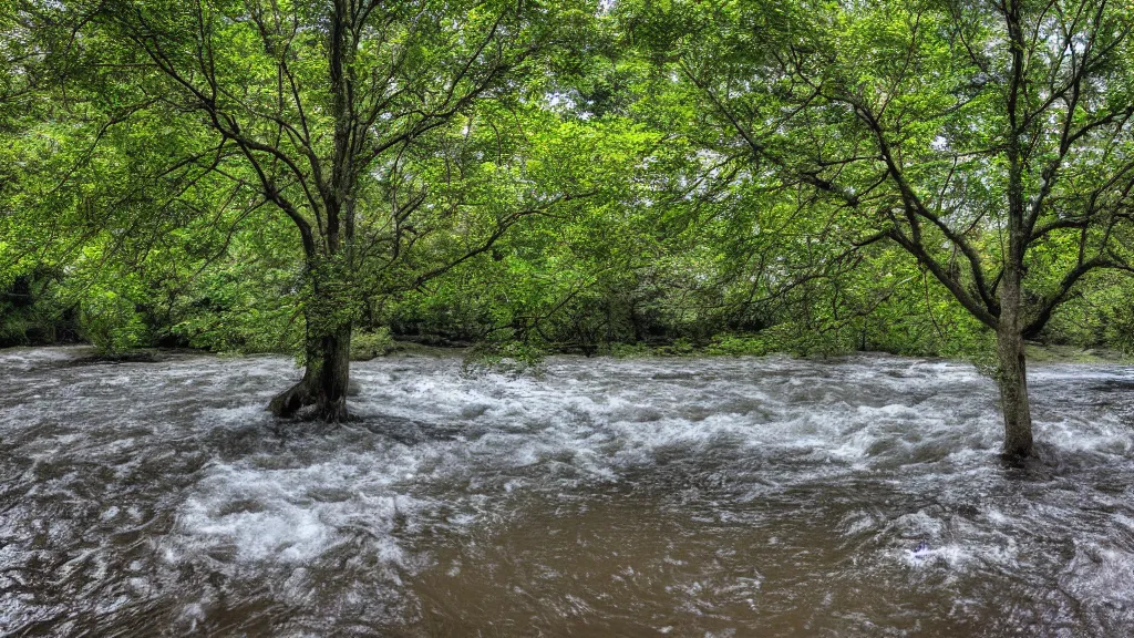 Prompt: a photo of tree in a middle of a river taken with a wide angle lens.