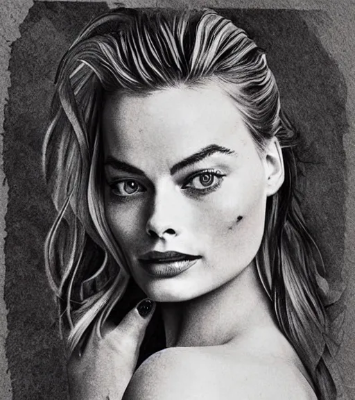 Image similar to tattoo design sketch of margot robbie and beautiful mountain scenery mash up, in the style of maaika de jong, surrealist, amazing detail, sharp