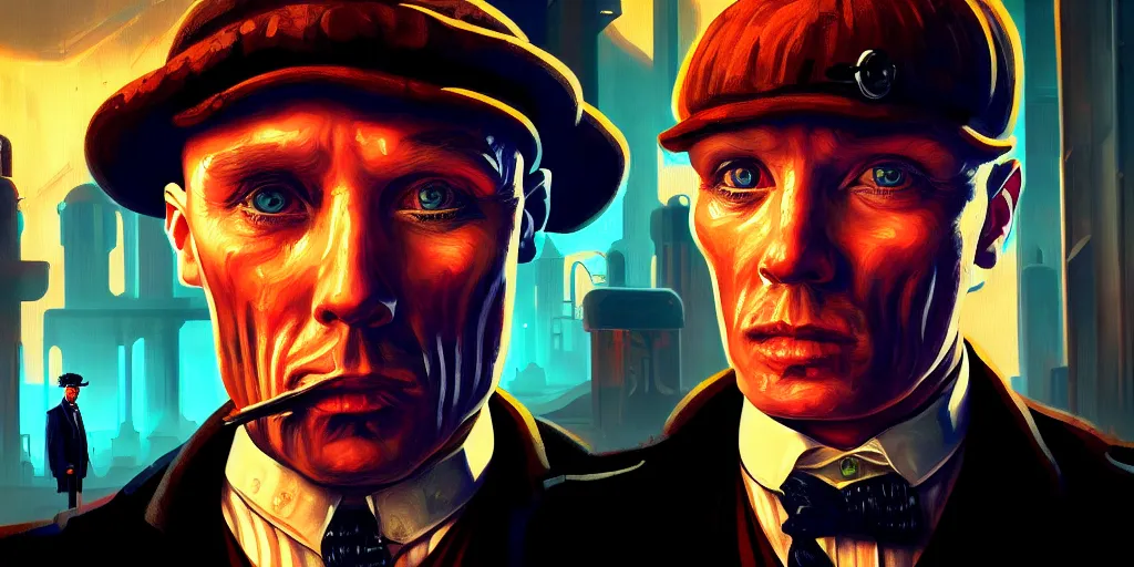 Image similar to Peaky Blinders, in Cyber Punk 2077, in a surreal cyberpunk! style, oil on canvas, 4K highly detailed face