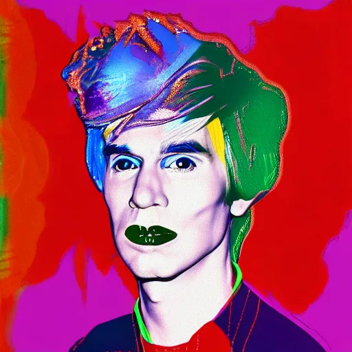 Image similar to An extremely psychedelic portrait of Andy Warhol wearing a crown, surreal, LSD, face, detailed, intricate, elegant, lithe, highly detailed, digital painting, artstation, concept art, smooth, sharp focus, illustration