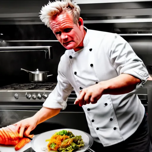 Image similar to hyper real Gordon Ramsey cooking a unicorn in kitchen 4k