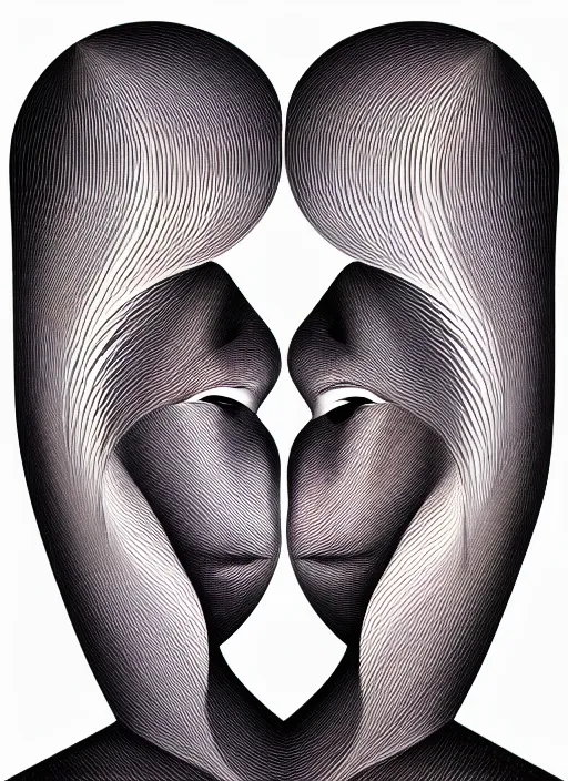 Image similar to 1 px color ink art by santiago calatrava, perfectly centered symmetrical balanced male and female portrait of man and woman in love sharing one heart. high coherence ; fractal geometrical 8 k ultra hd