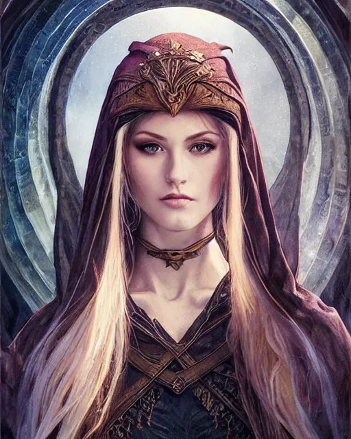 Image similar to portrait of katherine mcnamara elven mage, dark, piercing eyes, gentle expression, elegant clothing, photorealistic, highly detailed, artstation, smooth, sharp focus, art by michael whelan, artgerm, greg rutkowski and alphonse mucha