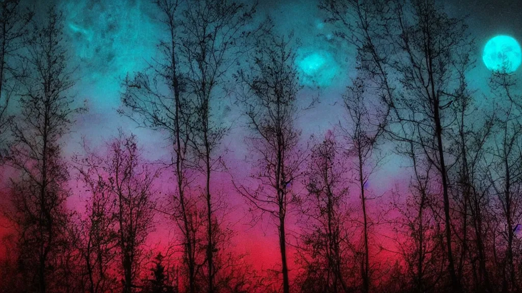 Prompt: (((psychedelic))) night time photography of a mystical cosmic night sky with red smoke and a perfect huge moon, A glimpse through a small gap in the dark green foliage and overgrowth and the trees of the huge gibbous moon over water in a dark sky. wreathed in red smoke!!!!, starlight, night-time, dark enclosed, cozy, quiet forest night scene, spangled, cosmic