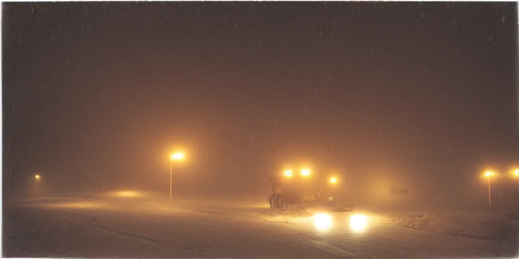 Image similar to photo, big snow plow truck is in the distance with a bright headlighta. cold color temperature, snow storm. hazy atmosphere. humidity haze. kodak ektachrome, greenish expired film, award winning, low contrast,