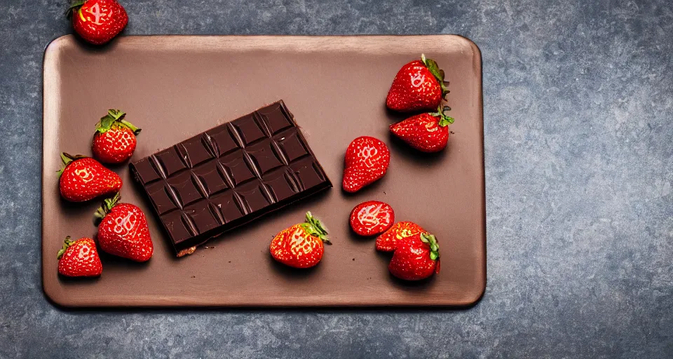 Image similar to A gourmet dark chocolate bar with a piece broken off, on an opened silver wrapper, next to sliced strawberries, on a wooden tray, macro lens product photo