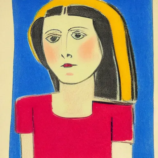 Image similar to by alexej von jawlensky jaunty, realistic. drawing. a young girl stands in the center of the frame, looking off to the side. she wears a school uniform with a short skirt & a striped shirt. the background is a vivid, with wavy lines running through it.