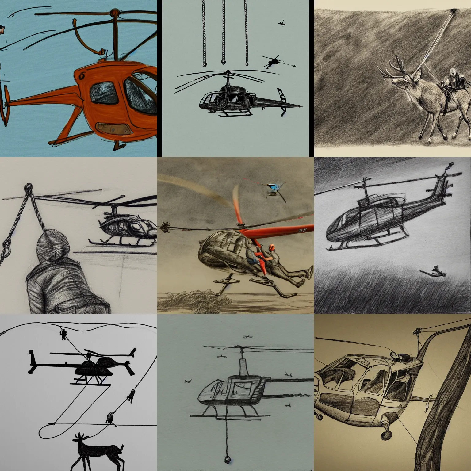 Prompt: rendeer hanging on a rope, dragged by a helicopter. in the helicopter a hunter is sittiing. coherent. drawing, sketch, high detail, 8 k