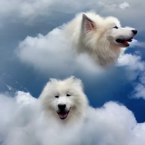 Image similar to two samoyeds playing together in the clouds, high up in the sky