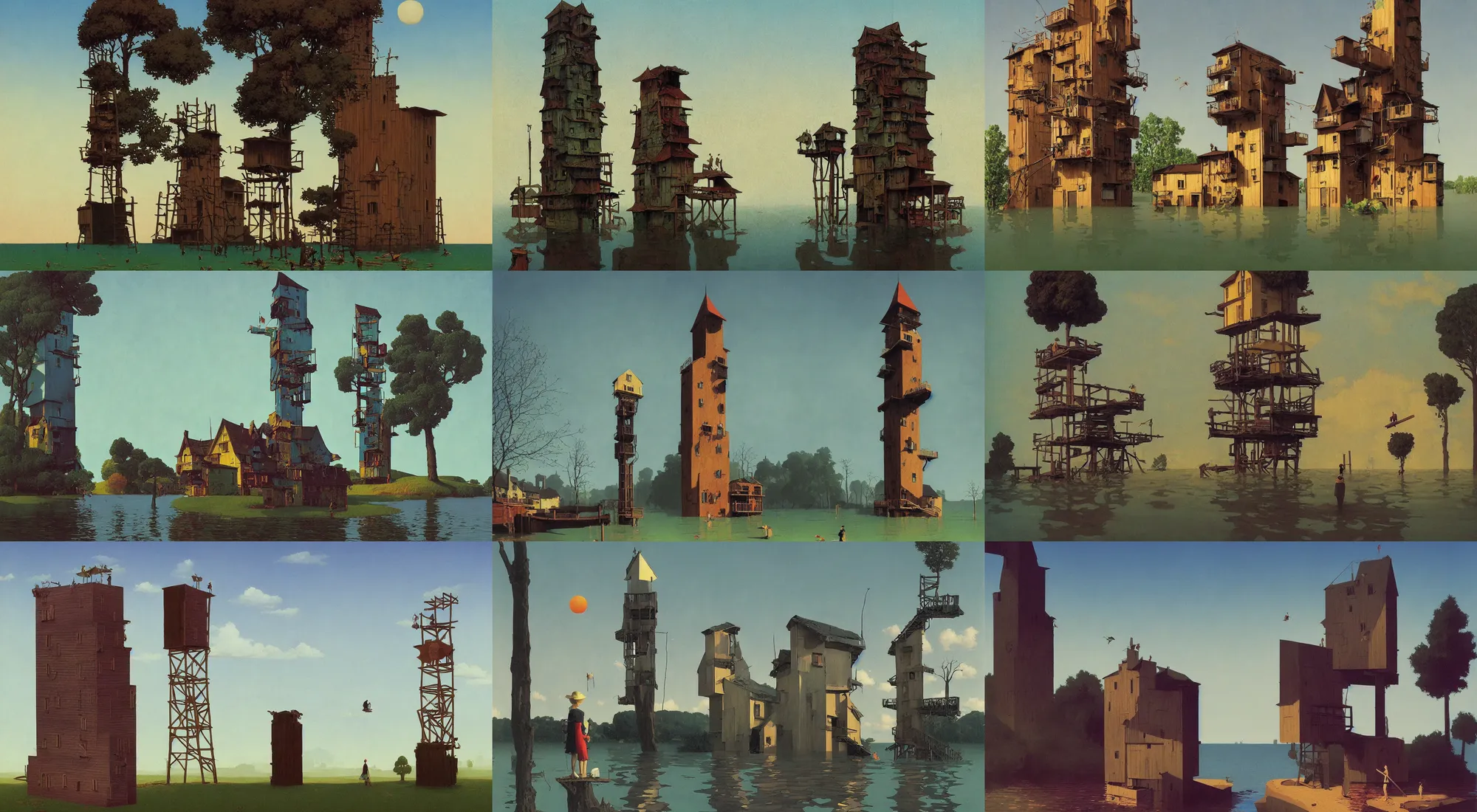 Prompt: single flooded simple wooden reversed tower, very coherent and colorful high contrast!! masterpiece by rene magritte simon stalenhag carl spitzweg syd mead norman rockwell edward hopper james gilleard, minimalist, dark shadows, sunny day, hard lighting, tree