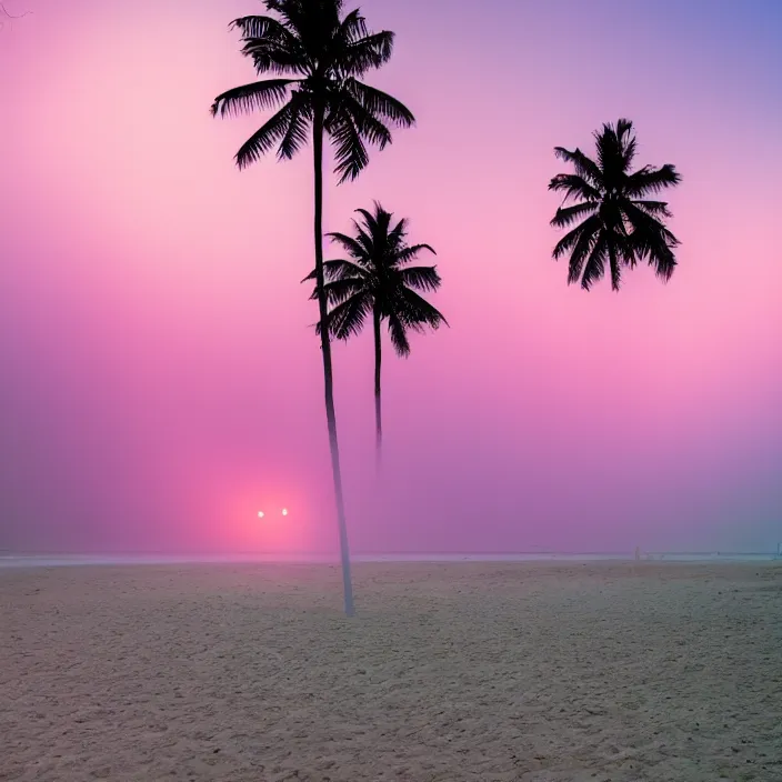 Image similar to palm trees on the beach, poster, fog, pink-blue-green light, landscaping, natural, outdoor spaces,