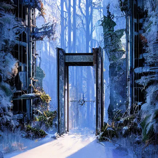 Image similar to stairs leading to a frozen derelict portal in a middle of a snowy lush futuristic forest, lush world seen only through a portal, daylight, cinematic lighting, blue sky, syd mead, john harris
