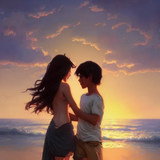 Prompt: a boy holding an emotional girl on the beach, sunset, extremely detailed, raytracing, art by artgerm, greg rutkowski and alphonse mucha, artstation