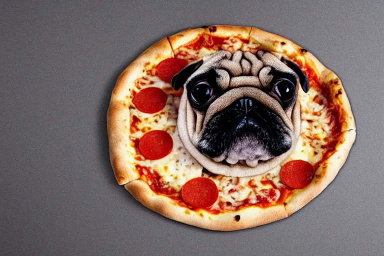 Prompt: a pizza that looks like a pug