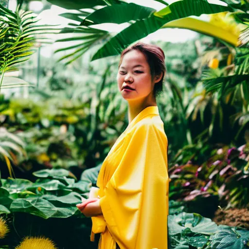 Prompt: photo. of a young woman!!! wearing a yellow kimono in a tropical greenhouse, super resolution. 35 mm lens, bokeh