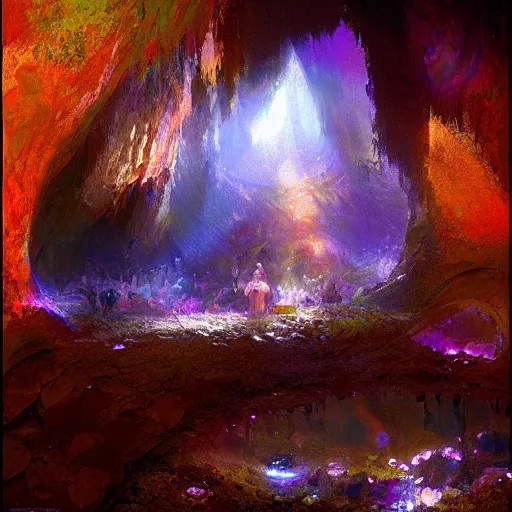 Image similar to a beautiful cave illuminated by shiny crystals of various colours, dark, by craig mullins