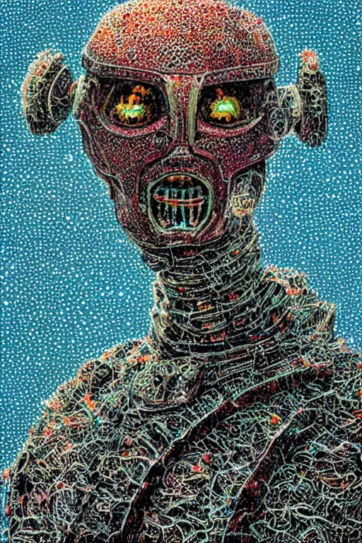 Image similar to a portrait!!!! of a robot!! insect creature made from snow and soil and light, high detail, fluo details, muted colors, pointillism, harsh light