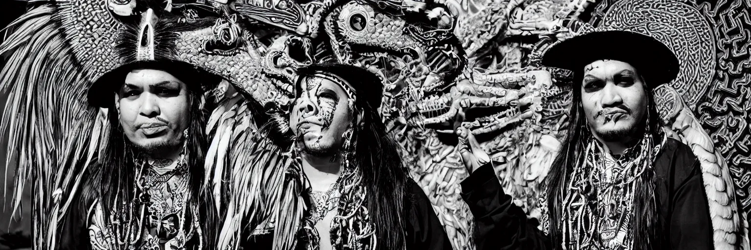 Image similar to photoperiodism portrait of an indigenous cholo goth mechanoid shaman dressed with a quetzalcoatl feathered serpent dancing over los angeles city vew