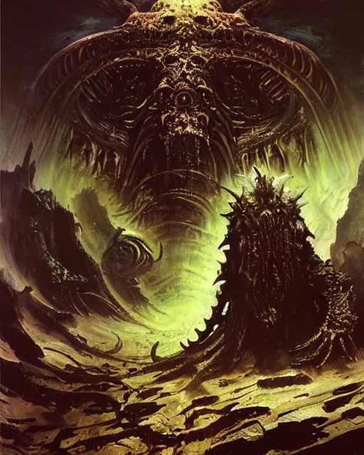 Prompt: inconceivable otherworldly massive cthulu god rising from a grim obsidian landscape, painting by john berkey, frank frazetta, dore, giger. elder god lovecraft mythology