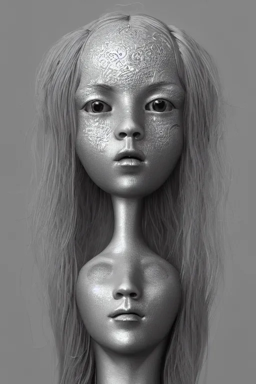 Image similar to beautiful ball jointed doll head, long shiny hair, intricate detailed, sharp focus, octane render, high quality, Symmetrical composition, 8k, volumetric lighting, on black background