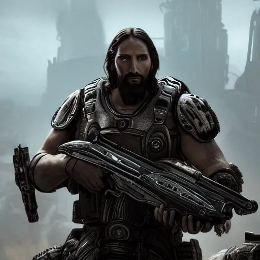 Image similar to Portrait of Jesus Christ in Gears of War, splash art, movie still, cinematic lighting, dramatic, octane render, long lens, shallow depth of field, bokeh, anamorphic lens flare, 8k, hyper detailed, 35mm film grain