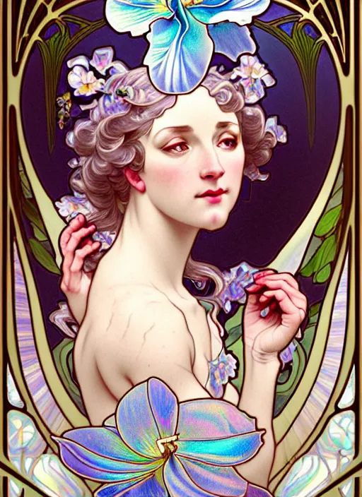 Image similar to magnolias, rococo and art nouveau fusion, iridescent diaphanous refractive and reflective flower bouquet, tarot card, highly detailed, deep focus, elegant, digital painting, smooth, sharp focus, illustration, ultra realistic, 8 k, art by artgerm and alphonse mucha