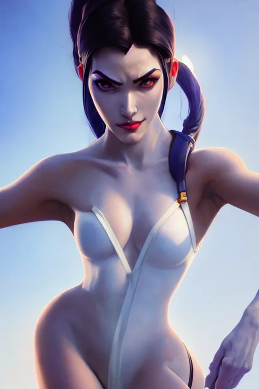 Prompt: painting of widowmaker from overwatch, closed swimsuit, white skin color, ultra realistic, sharp details, subsurface scattering, intricate details, warm lighting, beautiful features, highly detailed, photorealistic, octane render, 8 k, unreal engine, art by artgerm and greg rutkowski and alphonse mucha