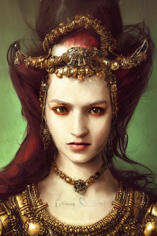 Prompt: portrait, headshot, digital painting, of a 17th century, beautiful, wicked, cyborg merchant girl, Borgia, dark hair, amber jewels, baroque, ornate dark green clothing, scifi, futuristic, realistic, hyperdetailed, underexposed, chiaroscuro, concept art, art by rembrandt