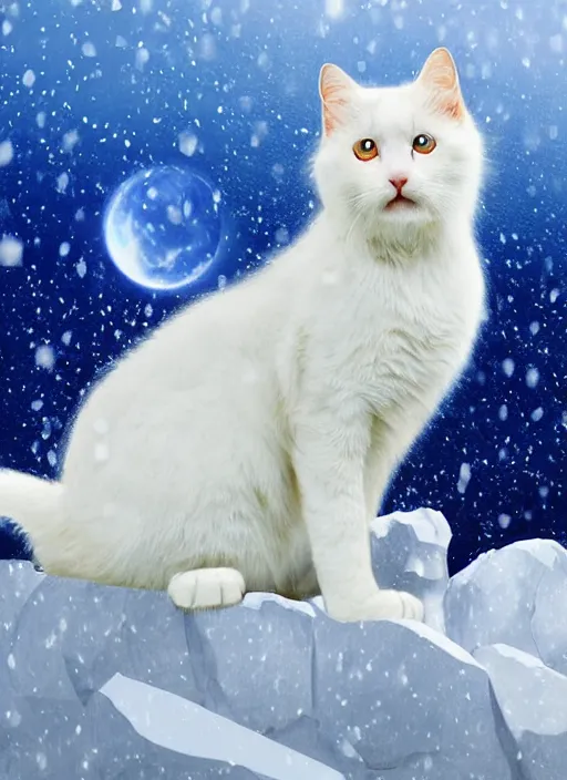 Prompt: giant little white cat on a snowy mountain with lightning coming out of its paws, blue sky background with moon