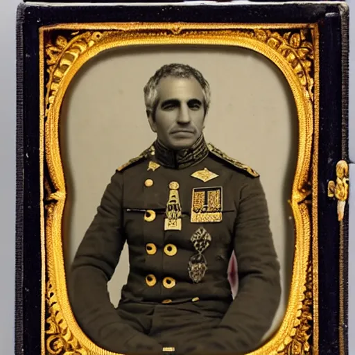 Image similar to daguerreotype portrait of jeffery epstein wearing an army uniform, very detailed, very intricate,