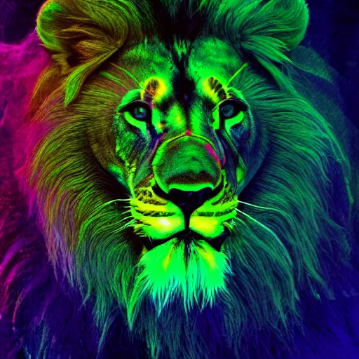 Prompt: an intricate photo of iridescent lion pride, blacklight, nightvision, inverted colors
