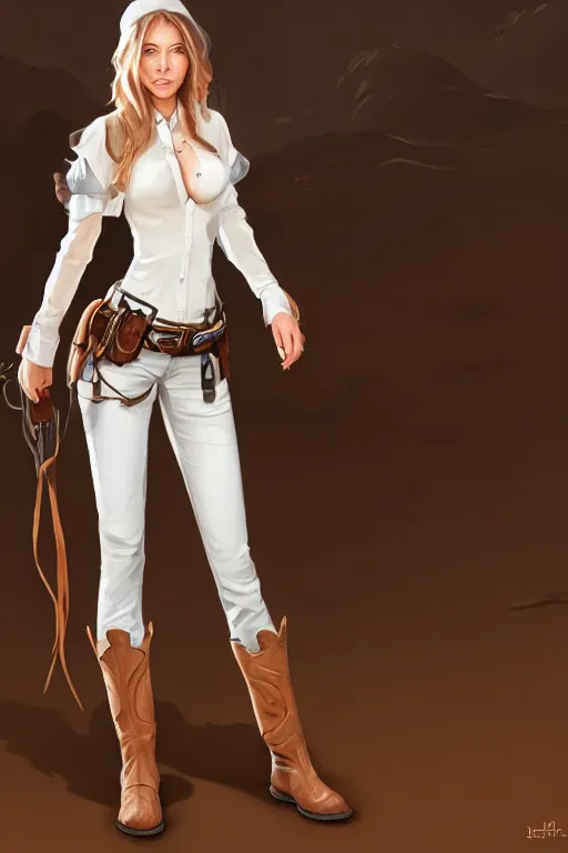 Image similar to full body, female cowgirl, perfect face, white blouse, holster, 8 k, magic the gathering, desert, d & d, artstation, high detail, smooth, sweaty