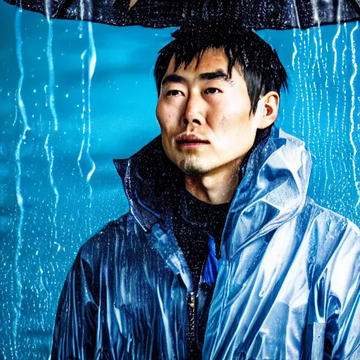 Prompt: a close up photographic portrait of a handsome japanese man stands in the ocean wearing wet weather gear looking worried taken by annie leibowitz. cinematic lighting, blue background colour, 5 0 mm, subsurface scatter, bladerunner sci fi.
